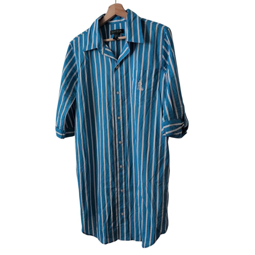Ralph Lauren Womens Medium Blue White Stripe‎ Button Up Sleep Shirt Dress Pajama